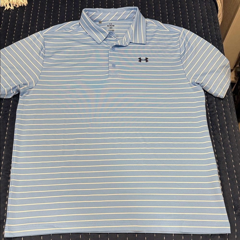Under Armour Men's Light Blue Polo with White Stripes Loose Fit.
